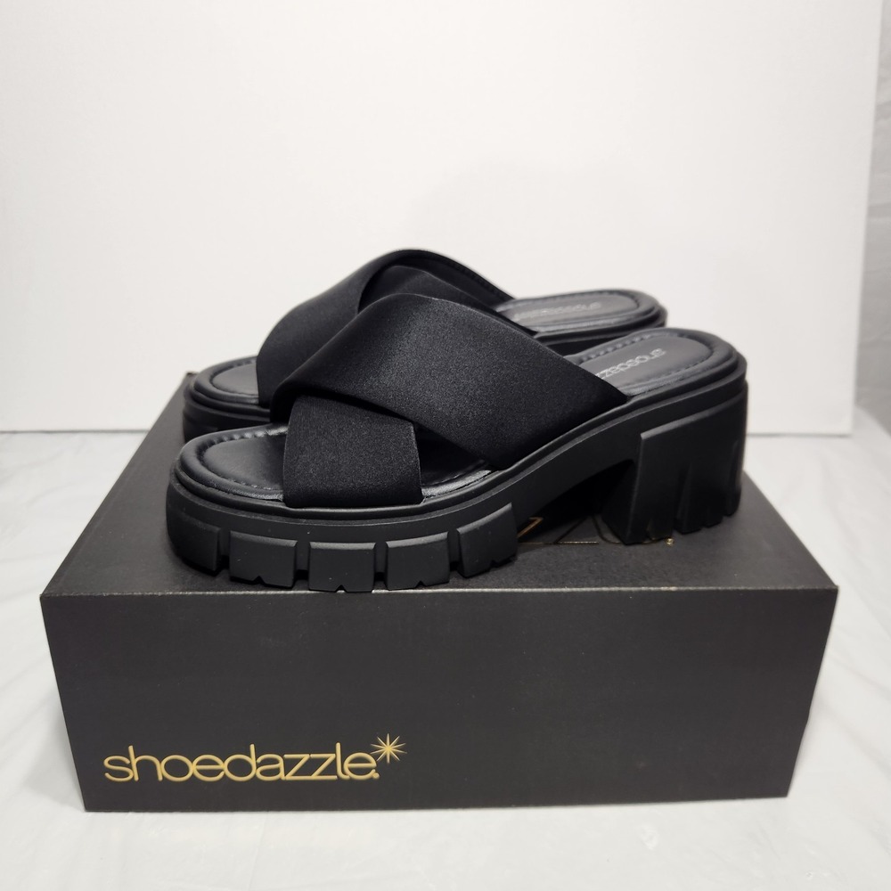 Shoe Dazzle Womens Chunky Wedge Sandal Slip On Slides Size 8.5 Black